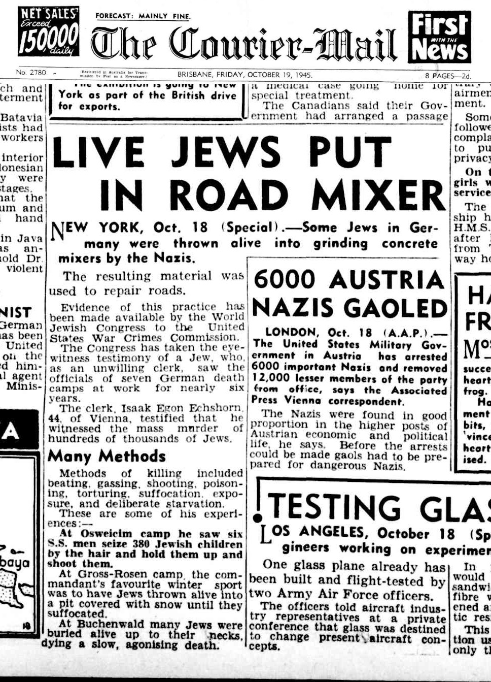 Isaak Ochshorn's atrocity story in The Courier-Mail, 'LIVE JEWS PUT IN ROAD MIXER', Oct-19-1945.jpg